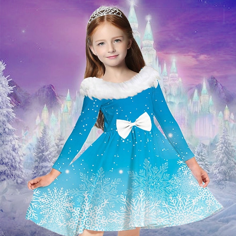 Kids Girls' Dress Snowflake Long Sleeve Casual Fur Trim Crewneck Adorable Daily Polyester Above Knee Casual Dress Swing Dress A Line Dress Fall Winter 2-13 Years Navy Blue Blue Sky Blue