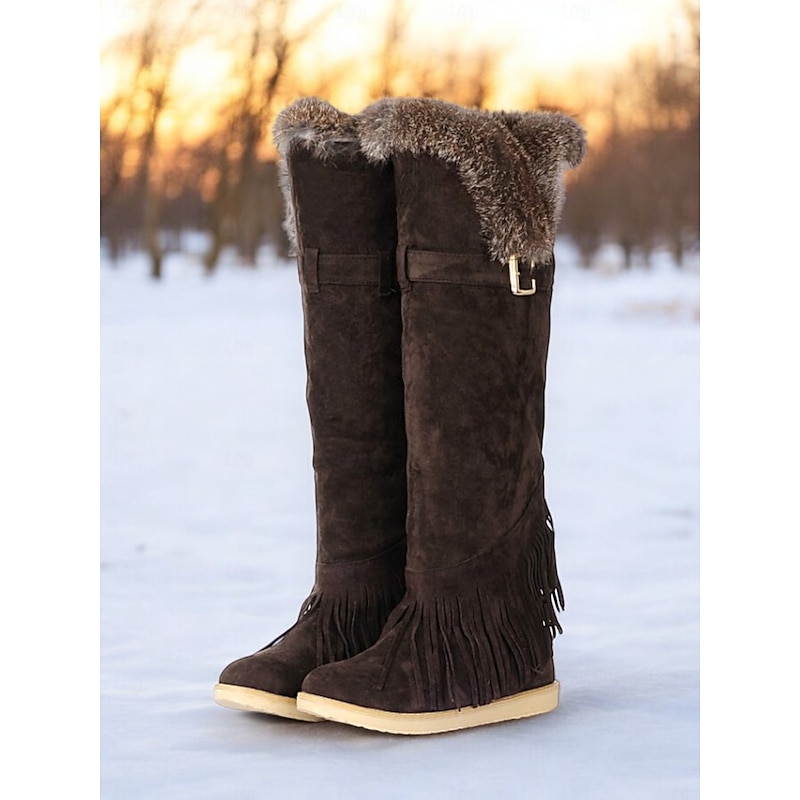 Women's Green Suede Moccasin Winter Boots with Fur Lining and Fringe Detail – Cozy Knee-High Snow Boots for Cold Weather 7