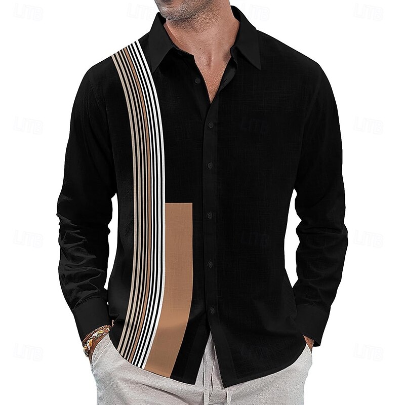 Men's Geometric Bowling Shirt Button Up Shirt Long Sleeve Casual Outdoor Vacation Spring Fall Turndown Button Up Black2