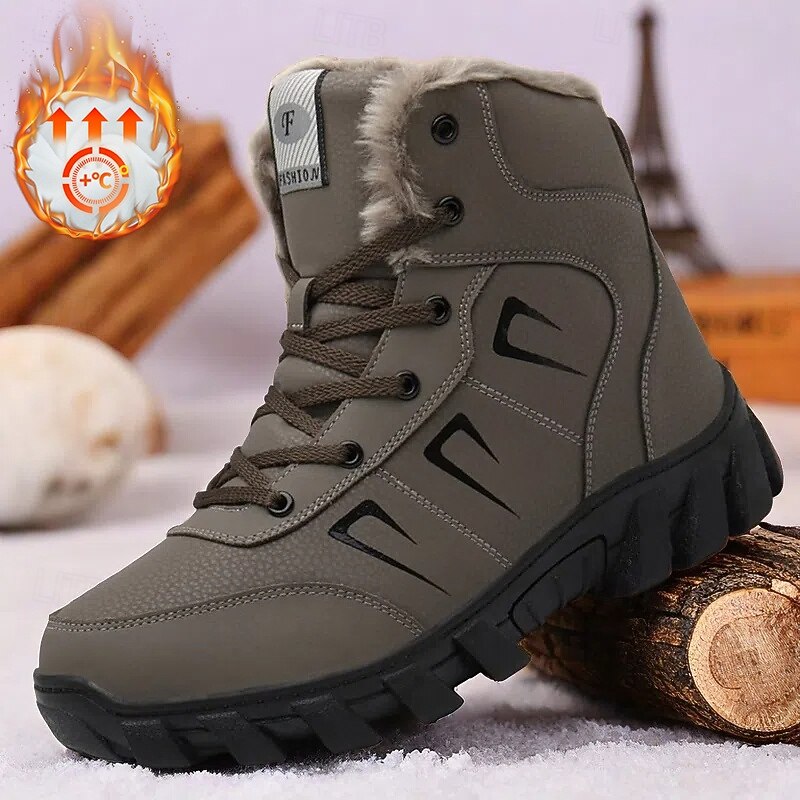 Men's Khaki Winter Hiking Boots – Fur-Lined Warm Outdoor Boots with Durable Non-Slip Sole for Cold Weather
