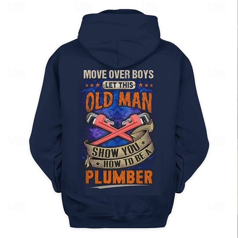 Men's Funny Plumber Work Humor Graphic Hoodie - 'Move Over Boys, Old Man Shows How' Hooded Sweatshirt4
