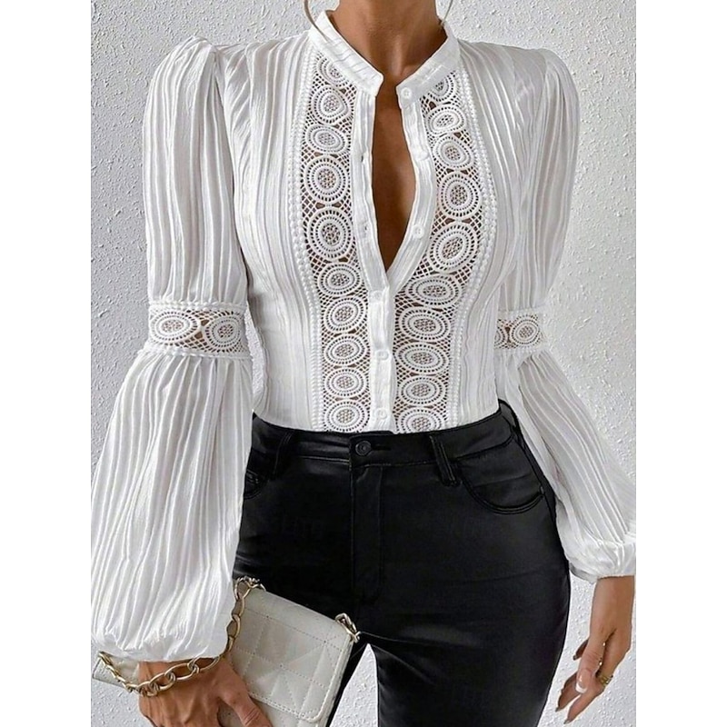 Women's Shirt Blouse Solid Color Basic Casual Long Sleeve V Neck Regular Tops Daily Lace Patchwork Buttons White Summer Spring Fall