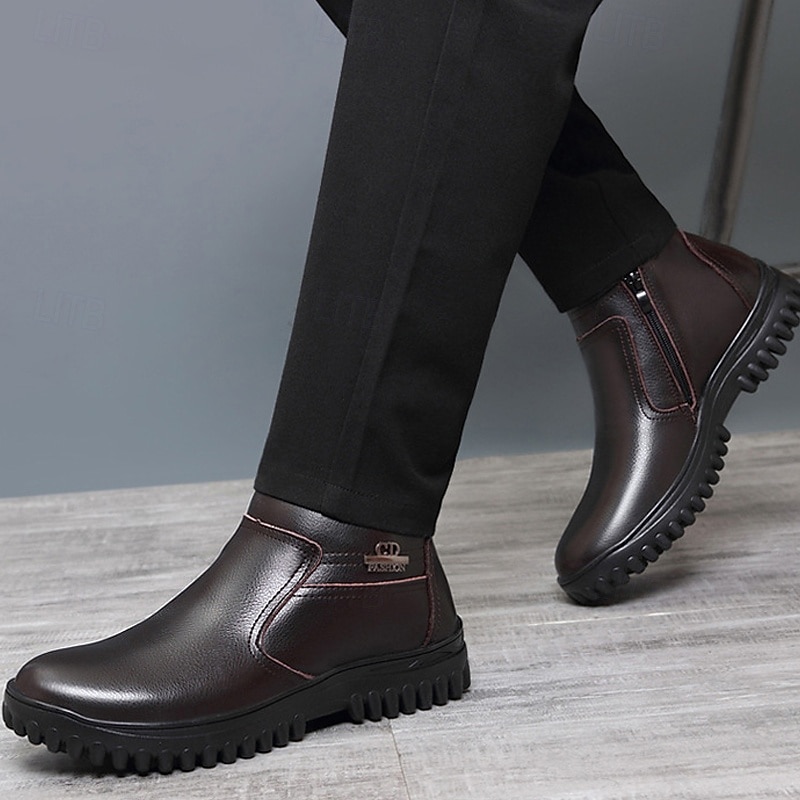 Men's Warm Leather Chelsea Boots with Fur Lining and Zipper - Casual and Cozy Perfect for Winter3