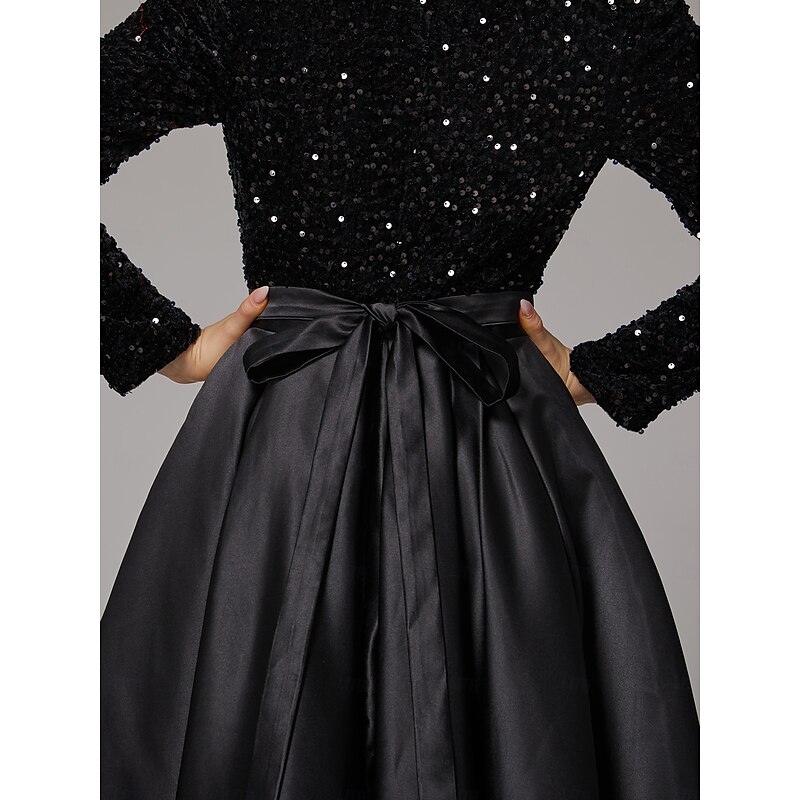 Ball Gown Evening Gown Elegant Dress Wedding Guest Birthday Floor Length Long Sleeve V Neck Pocket Satin with Sequin Pocket3