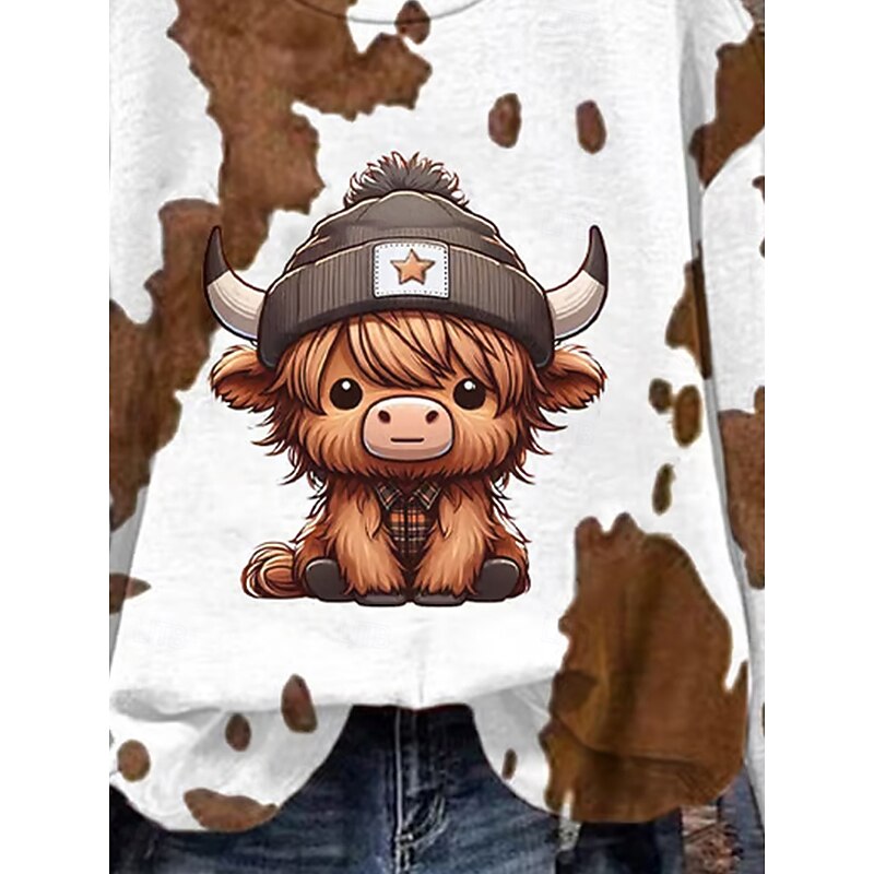 Women's Pullover Casual Cow Street Dailywear Crew Neck Print Long Sleeve Brown Fall Winter3