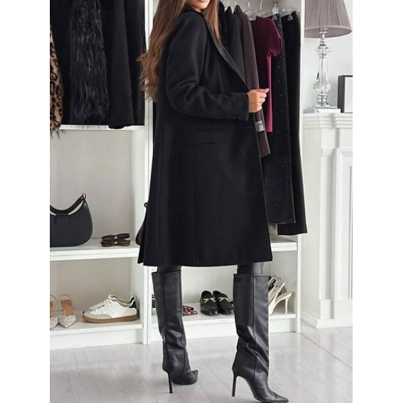 Women's Coat Warm Comfortable Buttons Elegant Solid Color Daily Wear Single Breasted V Neck Regular Fit Long Sleeve Outerwear Black Khaki Coffee Winter4