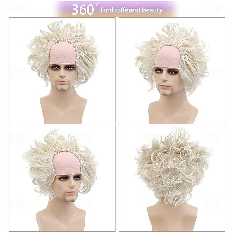 White Wig Men, Short Wavy Bald Wig Messy Mad Scientist Wig Old Man Wig Fluffy Crazy Funny Wig Halloween Wigs3