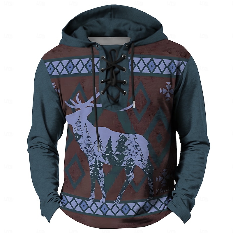 Men's Cowboy Deer Hoodies Casual Vintage Retro Long Sleeve Hooded Vacation Streetwear Maroon Blue Drawstring Fall Winter Designer2
