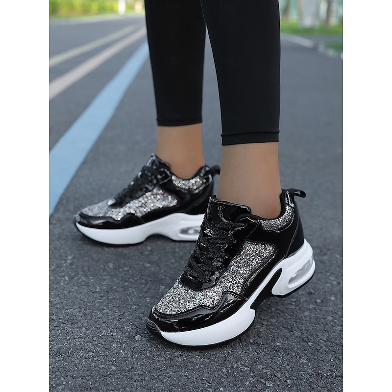 Women's Glitter Platform Sneakers with Air Cushion Sole – Sparkling Black Lace-Up Athletic Shoes for Casual and Party Wear