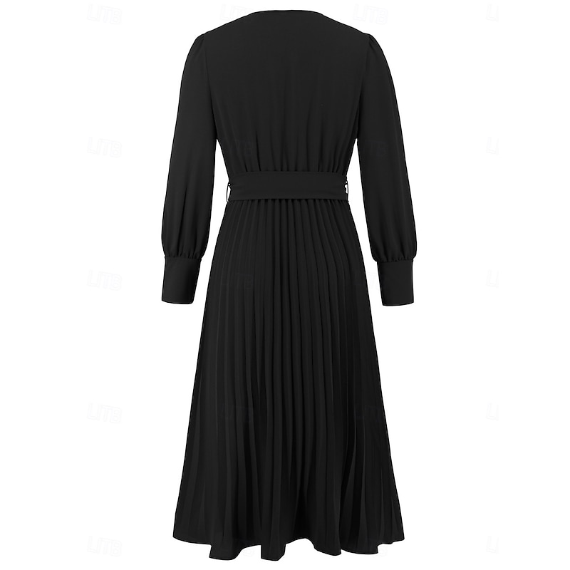 Women's Casual Dress Midi Dress Belted Casual V Neck Long Sleeve Black Green Color3