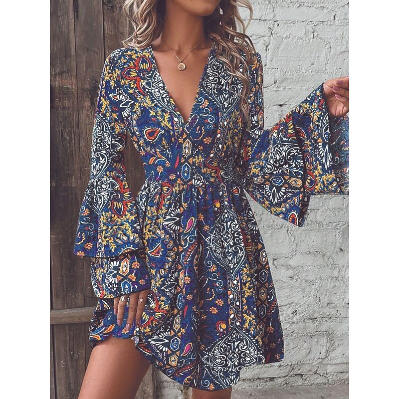 Women's Mini Dress Petite Dress Casual Dress Swing Dress A Line Dress Boho Dress Bohemia Vintage Casual Daily Regular Fit Floral Paisley Long Sleeve V Neck Red Blue Rainbow Summer Spring Fall2