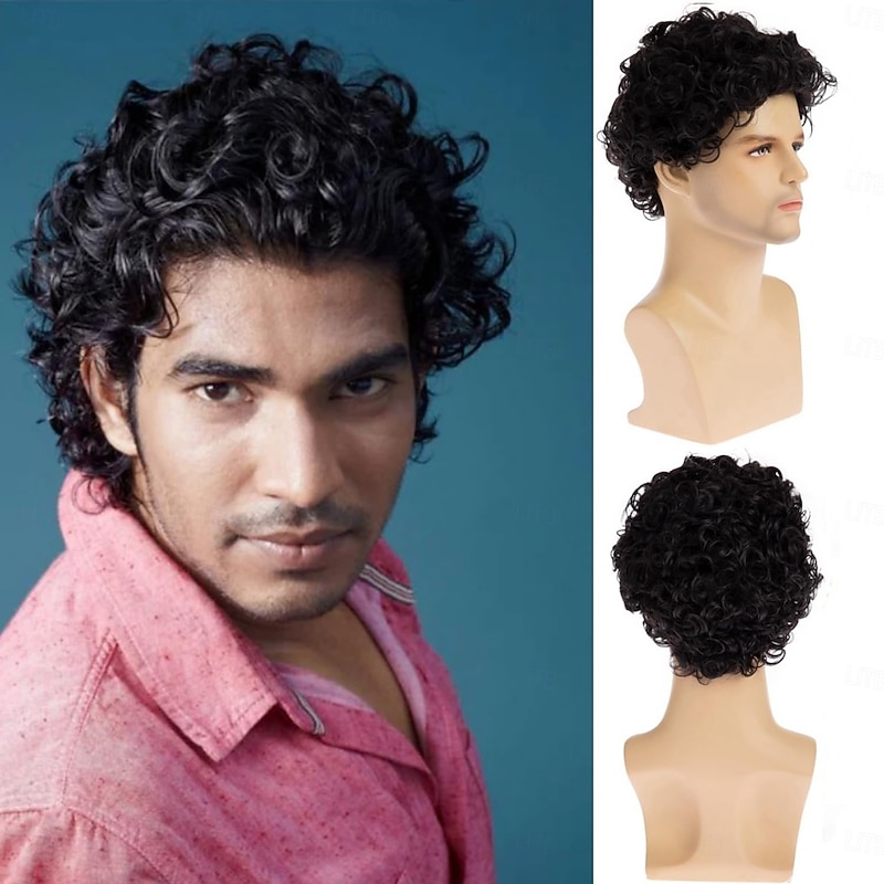 Mens Wig Short Curly Wig Synthetic Afro Halloween Costume Cosplay Wigs with Wig Cap for Male