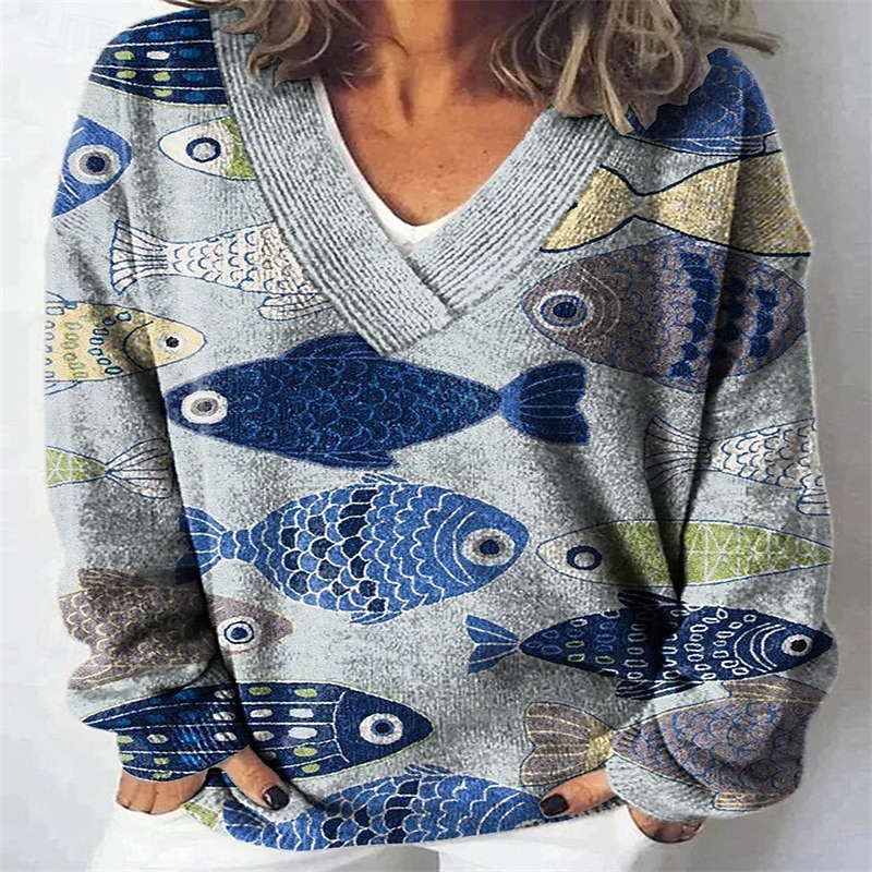 Women's Blouse Color Block Print Casual Long Sleeve V Neck Regular Tops Daily Print Red Blue Green Light Blue Winter