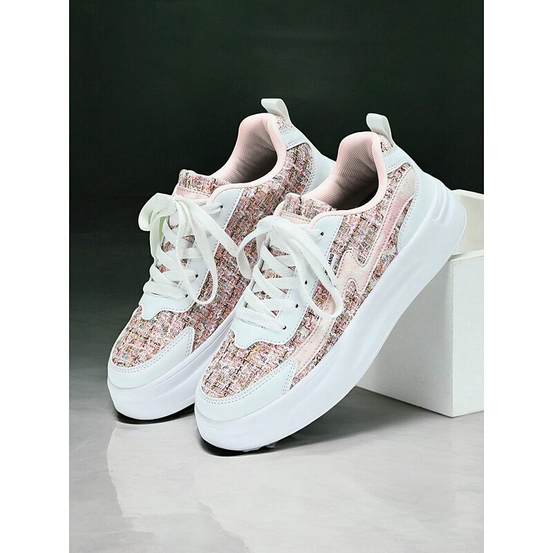 Women's Green Tweed Sneakers – Stylish Lace-Up Casual Shoes with Comfortable White Soles for Everyday Fashion2