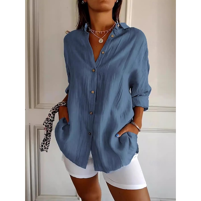 Women's Shirt Button Up Blouse Solid Color Basic Casual Long Sleeve Bishop Sleeve Shirt Collar Regular Tops Vacation Daily Patchwork Buttons Pink Blue Khaki Fall Winter