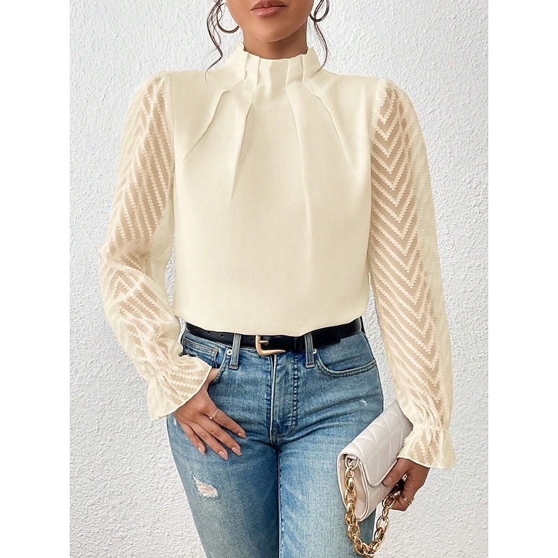 Women's Shirt Blouse Solid Color Basic Casual Long Sleeve Turtleneck Regular Tops Daily Mesh Patchwork Pink Navy Blue Beige Spring &  Fall4