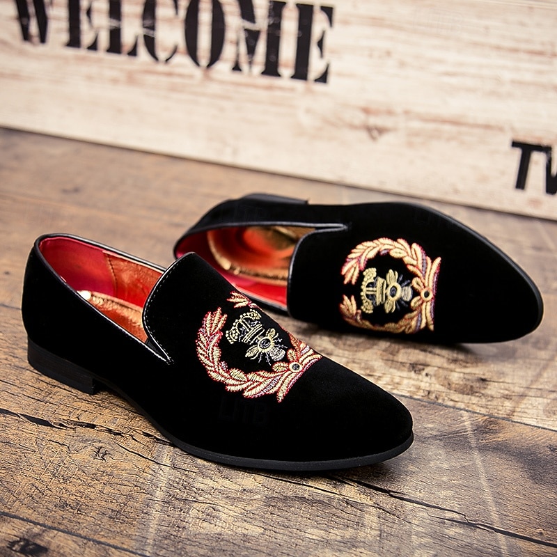 Men's Black Velvet Embroidered Loafers with Regal Crown Design – Luxury Slip-On Dress Shoes for Formal Events and Parties4