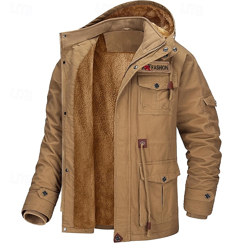 Men's Trucker Jacket Fleece Jacket Cargo Jacket Hoodie Jacket Vacation Daily Thermal Warm Pocket Fleece Fall & Winter Plain Fashion Streetwear Hooded Regular Black Brown Army Green Jacket