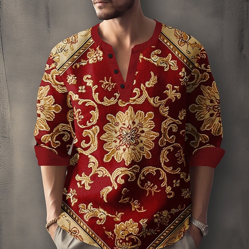 Men's Floral Shirt Button Up Shirt Henley Shirt Long Sleeve Vintage Casual Vacation Daily Beach Wear Summer Spring Fall Collarless V Neck 3D Print Buttons Red
