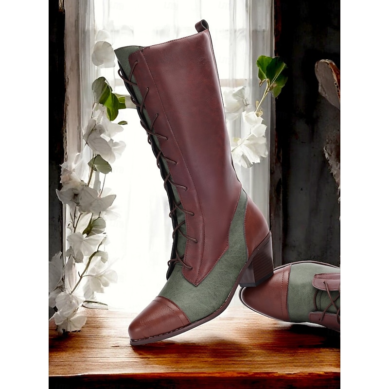 Women's Vintage Victorian Lace-Up Boots – Two-Tone Mid-Calf Faux Leather Boots with Chunky Heel, Perfect for Cosplay, Festivals, and Renaissance Fairs3