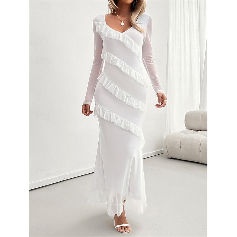 Women's Casual Dress Maxi Dress Ruffle Vacation Date Elegant Streetwear V Neck Long Sleeve Black White Burgundy Color