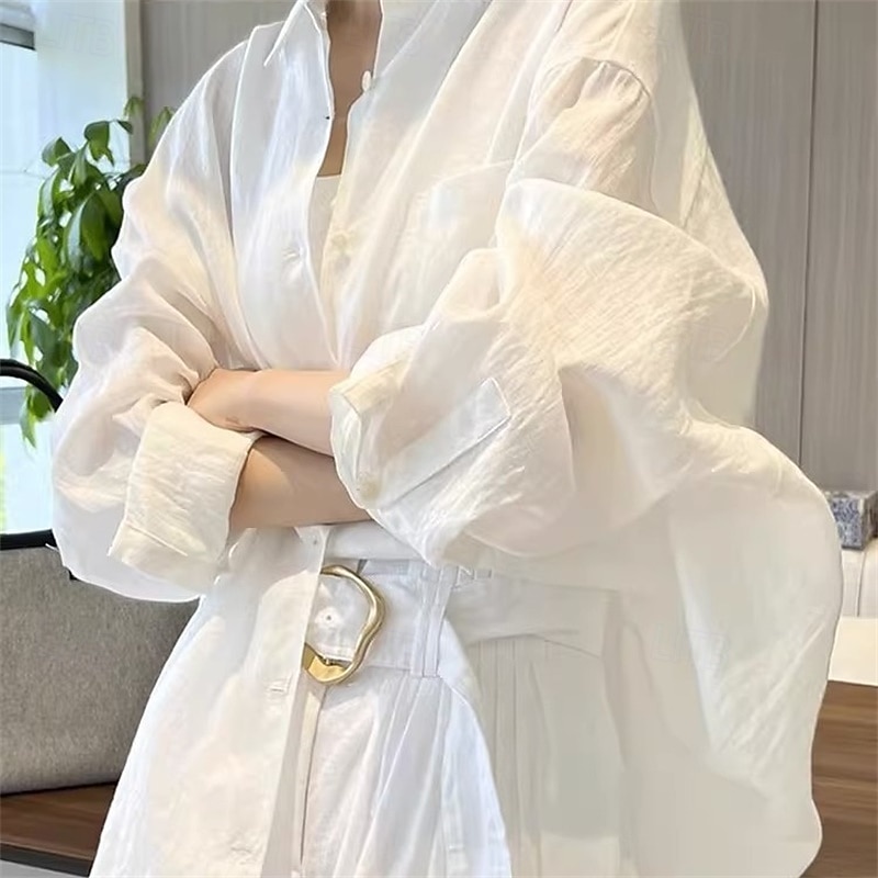 Women's Shirt Cotton Linen Shirt Daily Stylish Casual Long Sleeve Shirt Collar White Spring &  Fall