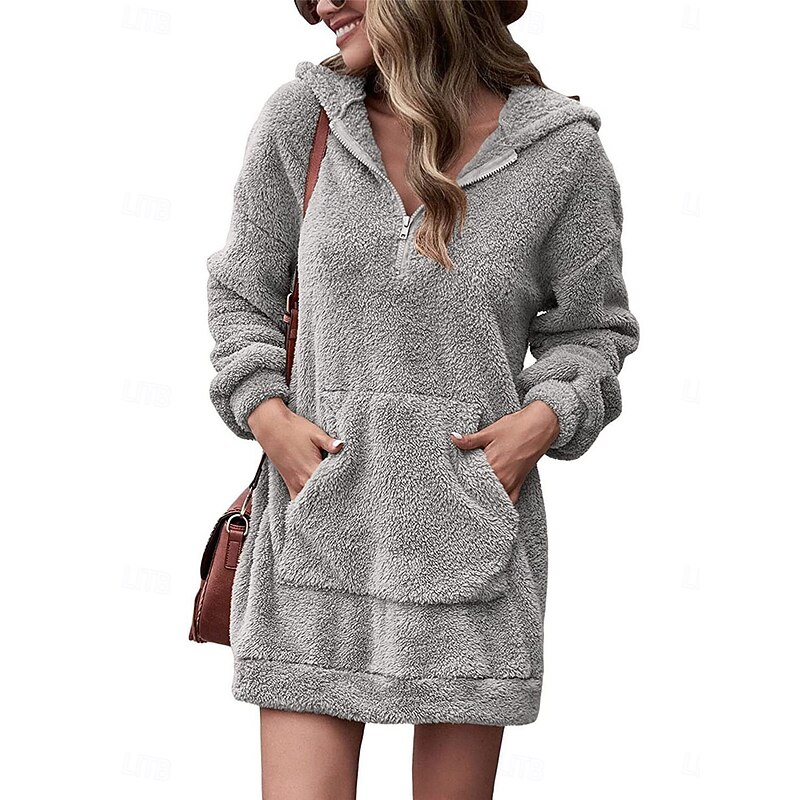 Women's Hoodie Dress Mini Dress Pocket Fleece Casual Hooded Long Sleeve Pink Khaki Gray Color3