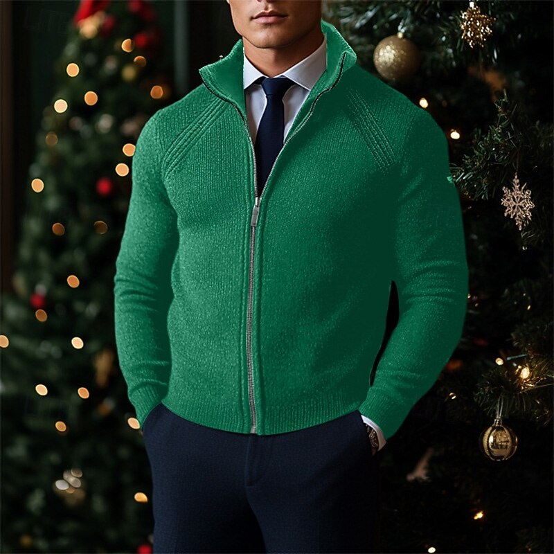 Men's Cardigan Sweater Cardigan Zip Sweater Sweater Jacket Christmas Sweaters Chunky Knit Zipper Ribbed Solid Color Standing Collar Christmas Knitwear Daily Wear Date Clothing Apparel Raglan Sleeves