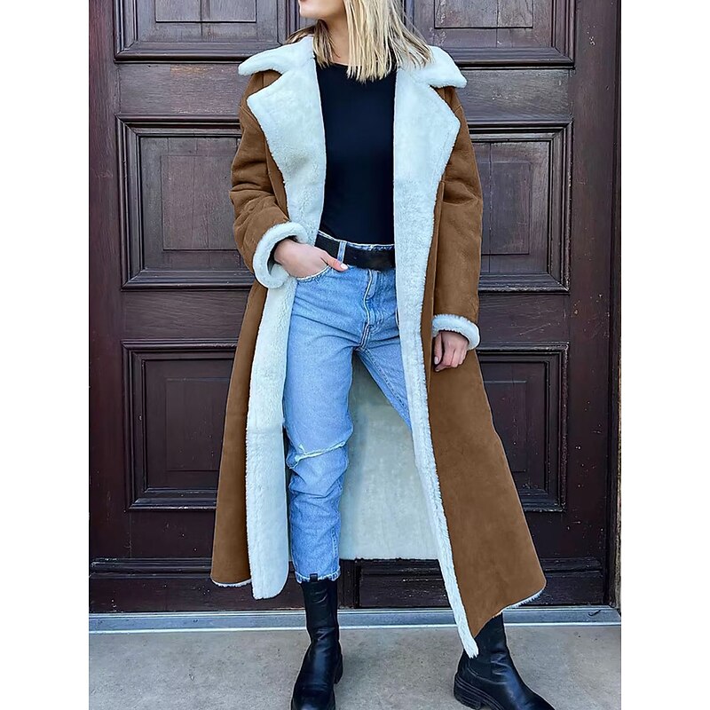 Women's Fleece Jacket Teddy Coat Warm Breathable Pocket Fleece Lined Casual Plain Vacation Street Daily Wear Going out Open Front Long Turndown Regular Fit Long Sleeve Outerwear Black Camel Green