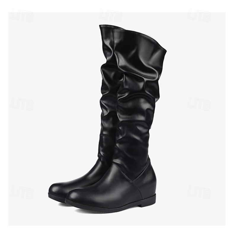 Women's Black Faux Leather Slouchy Knee-High Boots – Stylish and Comfortable Flat Boots for Everyday Wear and Casual Outings2