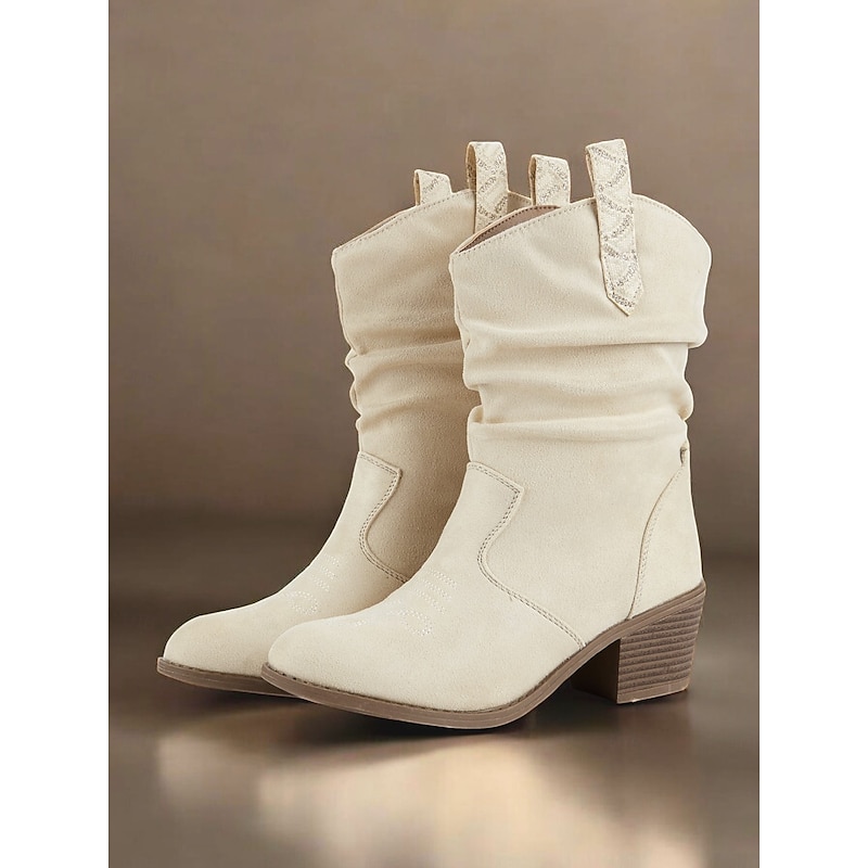 Women's Western-Inspired Cream Slouchy Suede Cowboy Boots with Low Block Heel - Perfect for Casual Wear3