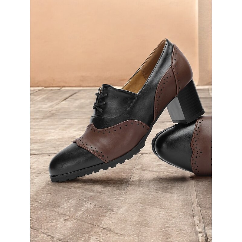 Women's Vintage-Inspired Two-Tone Faux Leather Brogue Oxfords with Block Heel - Classic and Comfortable for Work or Casual Wear4