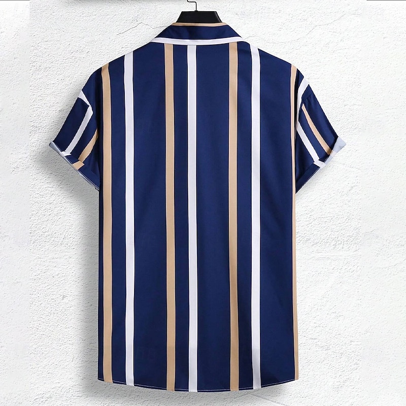 Men's Striped Bowling Shirt Button Up Shirt Short Sleeve Casual Formal Vacation Casual Spring Fall Turndown Button Up Blue3
