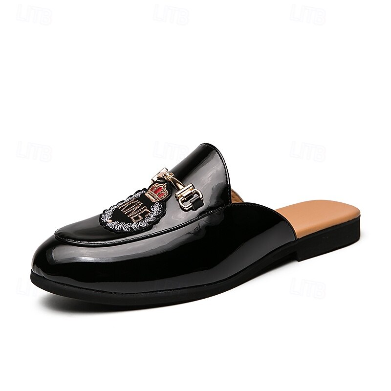 Men's Embroidered Patent Leather Loafers, Slip-On Backless Mules with Crown Emblem and Metal Buckle Detail, Perfect for Elegant and Casual Occasions3