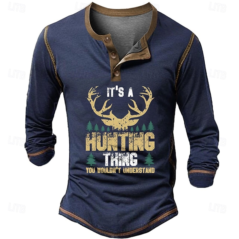 Men's Letter Print Deer Henley Shirt Long Sleeve 3D Print Cowboy Casual Holiday Going out Summer Spring Fall Black Navy Blue Army Green Henley Henley T-Shirt3