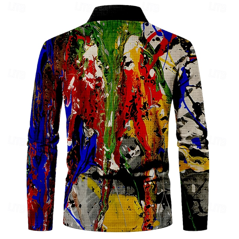 Men's Splash Ink Waffle Polo Shirts Golf Shirt Long Sleeve Polo Shirts Collared Shirts Casual Outdoor Party Evening Wear Street Dailywear Buttons 3D Print Spring Fall Winter Multi Color2