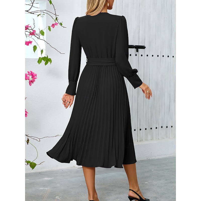 Women's Casual Dress Midi Dress Belted Casual V Neck Long Sleeve Black Green Color4
