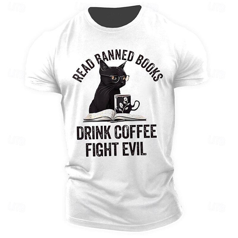 Read Banned Books Cat Graphic Men's Short Sleeve T-Shirt - Coffee Lover Literary Rebel Tee, Fight Evil Design2