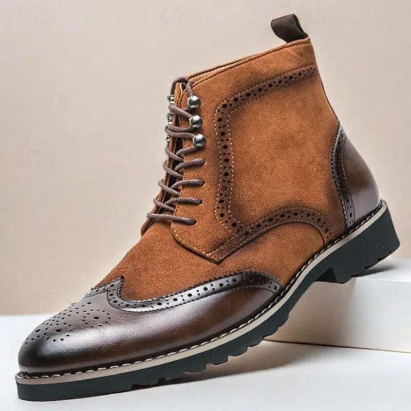 Men's Brown Faux Suede & Leather Ankle Boots with Brogue Detailing, Wingtip Design, and Rugged Sole – Vintage Style Casual & Formal Footwear