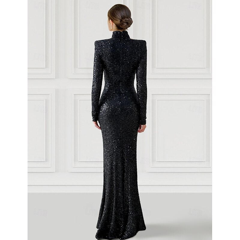 Black Tie Sheath Column Evening Gown Elegant Dress Carnival Formal Floor Length Long Sleeve High Neck Detachable Satin with Glitter Sequin3