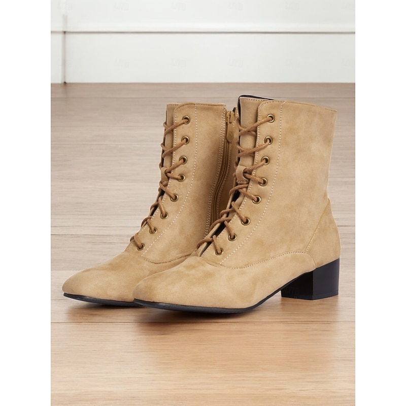 Women's Tan Suede Lace-Up Mid-Calf Boots with Side Zipper – Vintage Casual Shoes for Everyday Wear