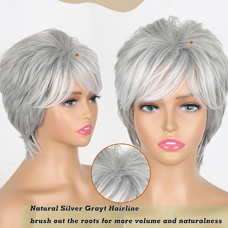 Grey Short Hair Wigs for White Women Silver Grey Short Curly Pixie Cut Wigs with Bangs Charming Synthetic Glueless Layered Wavy Wigs For Old Lady (Silver Gray)2