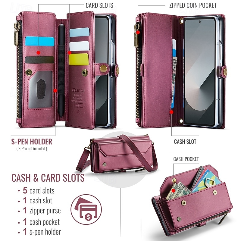 Phone Case For Z Fold 6 Z Fold 5 Z Fold 4 Z Fold 3 Wallet Case with Stand Holder Magnetic Zipper Retro TPU PC3