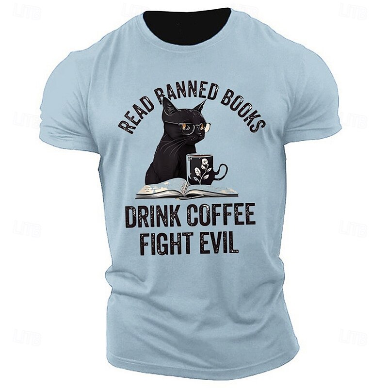 Read Banned Books Cat Graphic Men's Short Sleeve T-Shirt - Coffee Lover Literary Rebel Tee, Fight Evil Design
