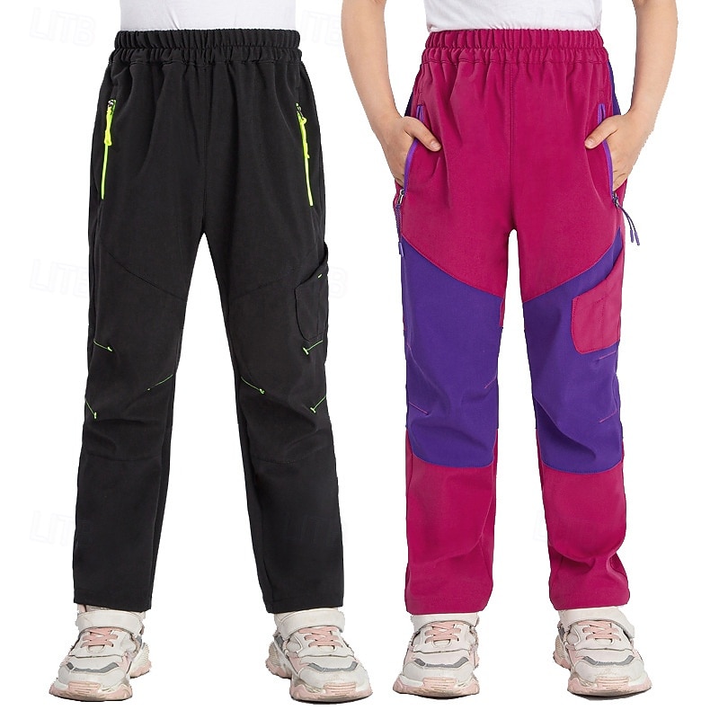 Boys' Outdoor Pants Cargo Pants Hiking Pants Trousers Patchwork Winter Outdoor Regular Fit Quick Dry Soft Warm Breathable Pants / Trousers Elastic Waist Zipper Pocket Black+Grey Black Camping2