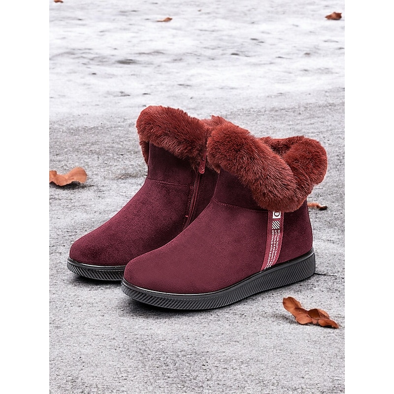 Women's Burgundy Suede Ankle Boots with Faux Fur Cuff and Non-Slip Sole – Warm Winter Shoes for Casual and Outdoor Wear