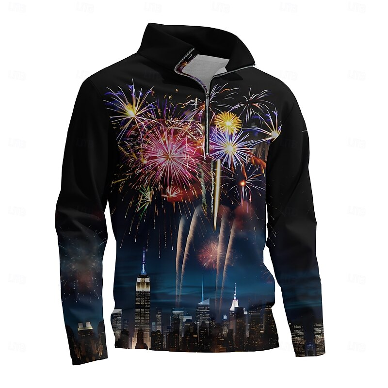 New Year Men's Graphic Happy New Year Hoodies Quarter Zip Sweatshirt Long Sleeve Sweatshirt Stand Collar Daily Casual Vintage Retro 3D Print Vacation Going out Streetwear Print Spring &  Fall4