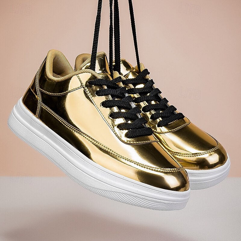 Men's Gold Metallic Low-Top Sneakers – Stylish Lace-Up Shoes with White Non-Slip Sole for Casual and Party Wear2