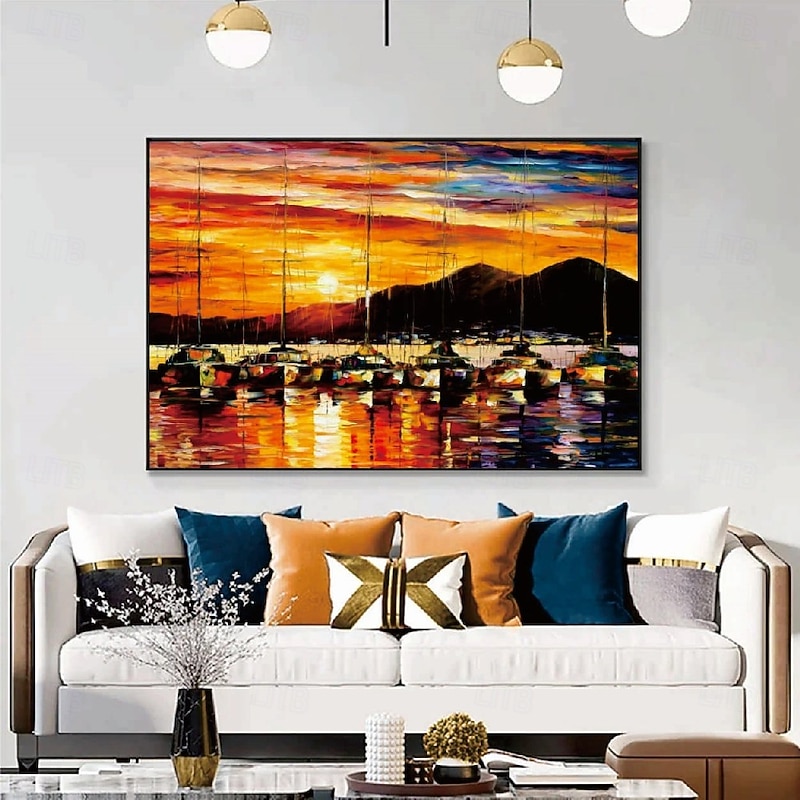 100% Hand painted Sunset  boat Oil Painting Cloud Sea Hanging Painting Sunset Orange Sailing Ship Sea Oil Painting Blue Ocean Waves  Boat Wall Art Seascape Canvas Painting Colorful Sunset painting3