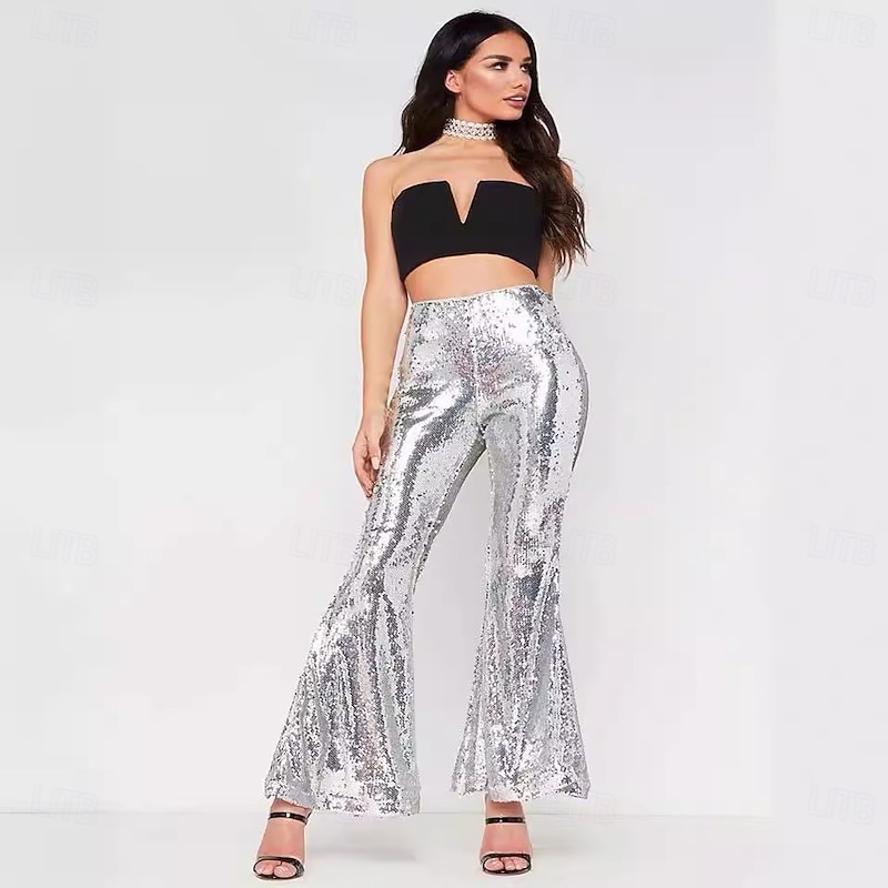 1980s Hip Pop Shiny Metallic Bell Bottom Pants Abba Costume Flared Trousers Disco Sequins Fancy Dress Women's Carnival Costume Halloween Carnival Mardi Gras Performance Party Pride Parade Adults'2